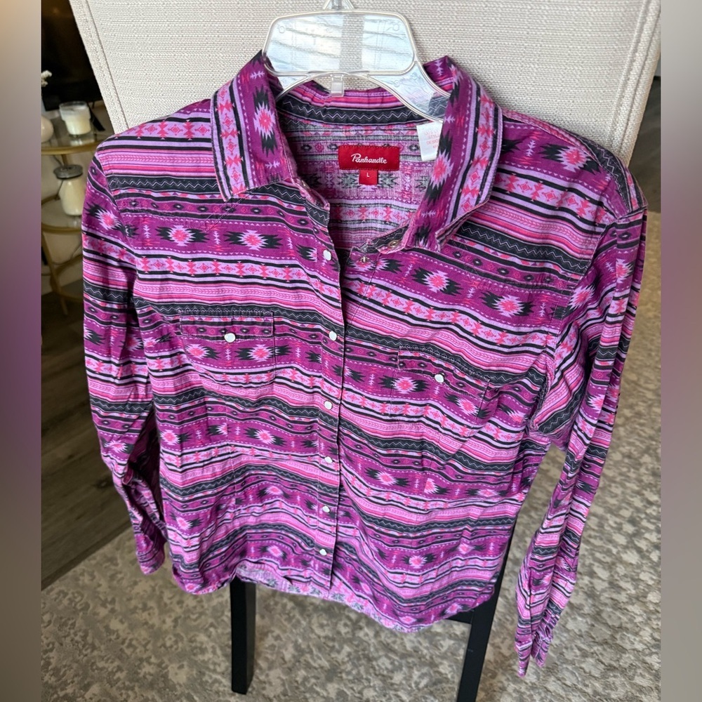 PANHANDLE LONG SLEEVE PEARL SNAP STRETCH AZTEC WESTERN  COTTON SHIRT, PURPLE, L